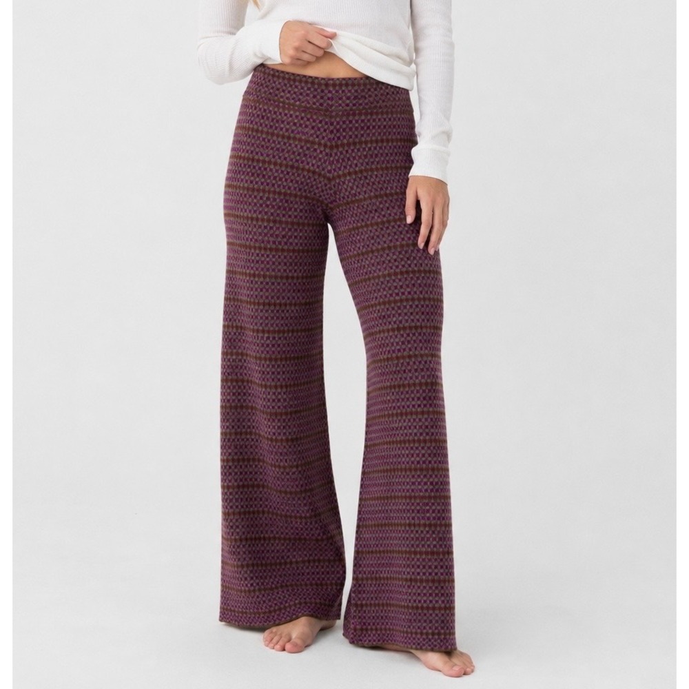 Natural Life Knit Pants Women M Purple Checkered Boho Retro Wide Leg Lounge
